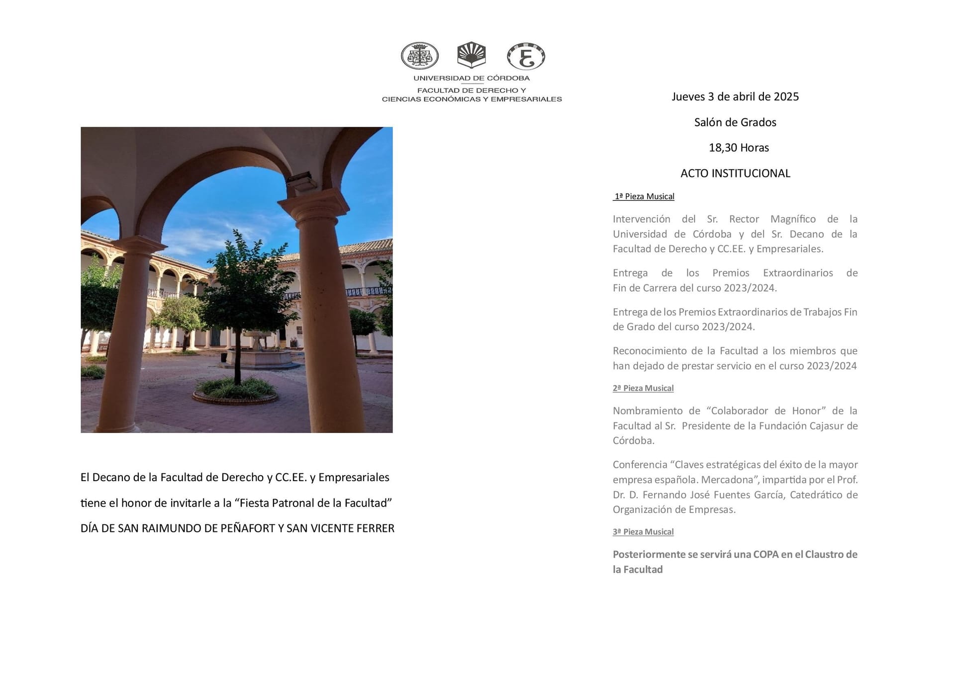 Actos con motivo de la Fiesta Patronal de la facultad de Derecho y CC. EE. y Empresariales de la UCO