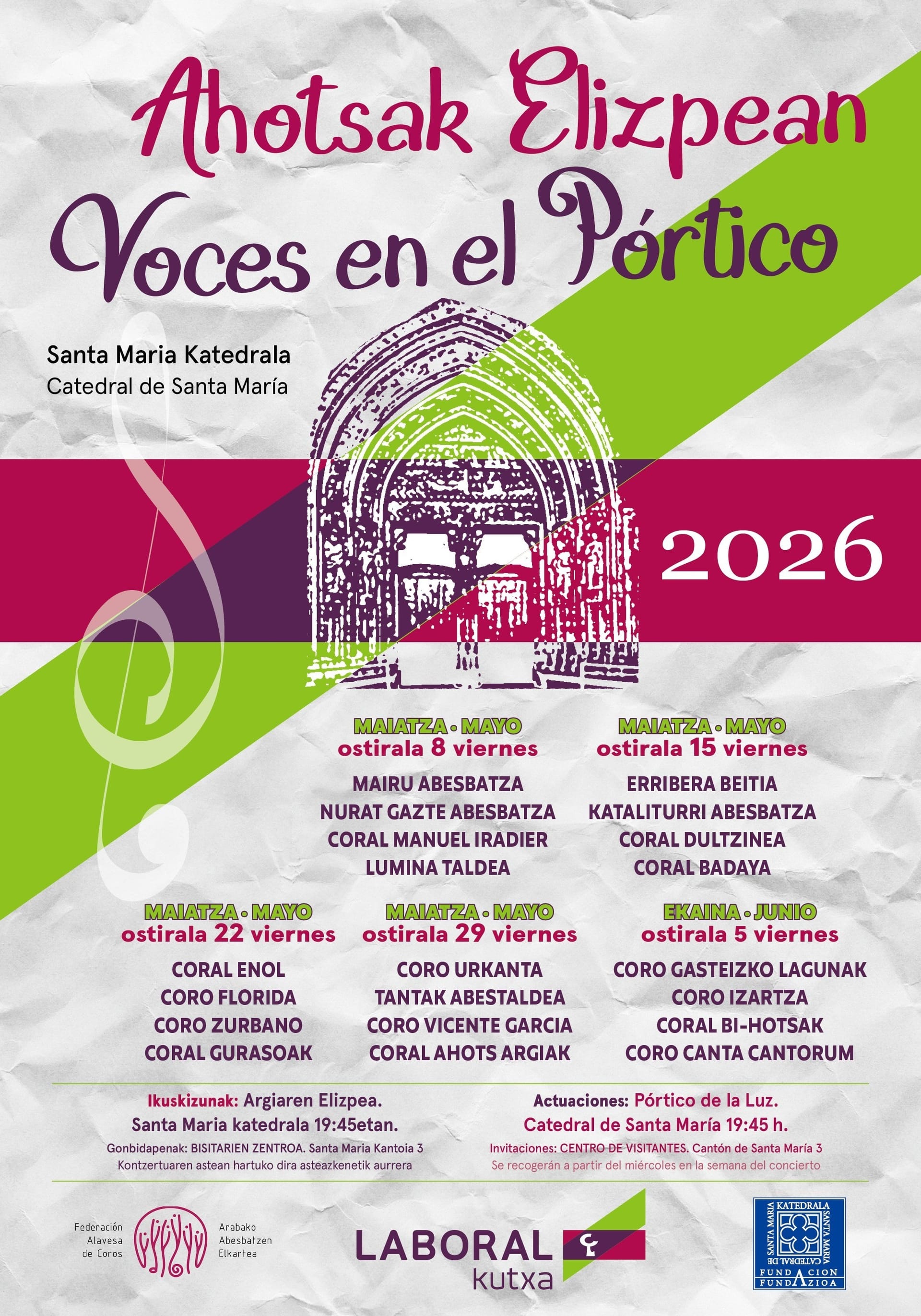 Voces en el p贸rtico: Erribera Beitia, Kataliturri Abesbatza, Coral Dultzinea y Coral Badaya